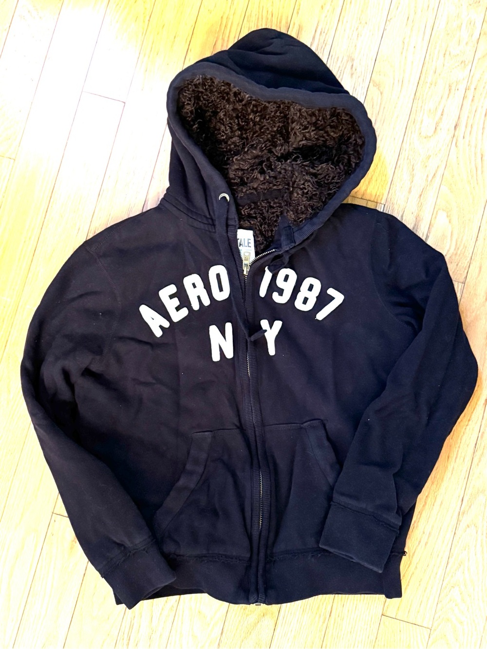 Aeropostale Mens Y2K Full Faux Fur Lined Full Zip Hoodie Black Sz M Chunky Logo